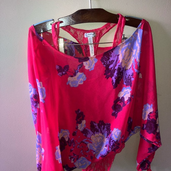 Free People  Floral Sheer Top Blouse with Attached Bodysuit - Picture 1 of 6